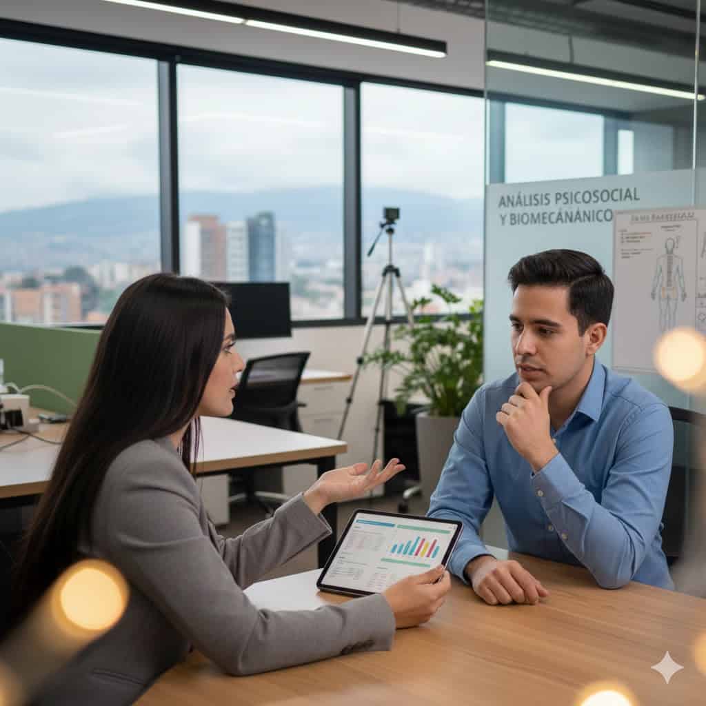 Entrevista privada de análisis de puesto de trabajo con enfoque psicosocial para evaluar demandas mentales y condiciones del entorno laboral.